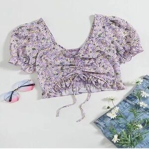 SHEIN Ditsy Floral Ruched Tie Front Crop Top - Size S